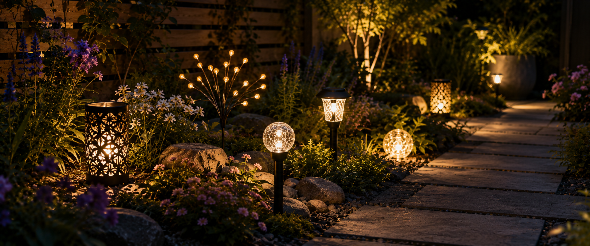 Decorative solar garden lights creating warm accent lighting among flowers and along a backyard path at dusk