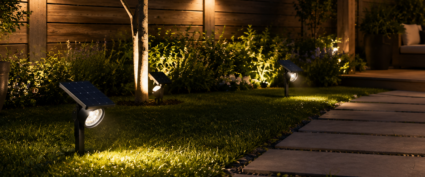 Ground-inserted solar lights illuminating a garden path and tree in a residential backyard at dusk