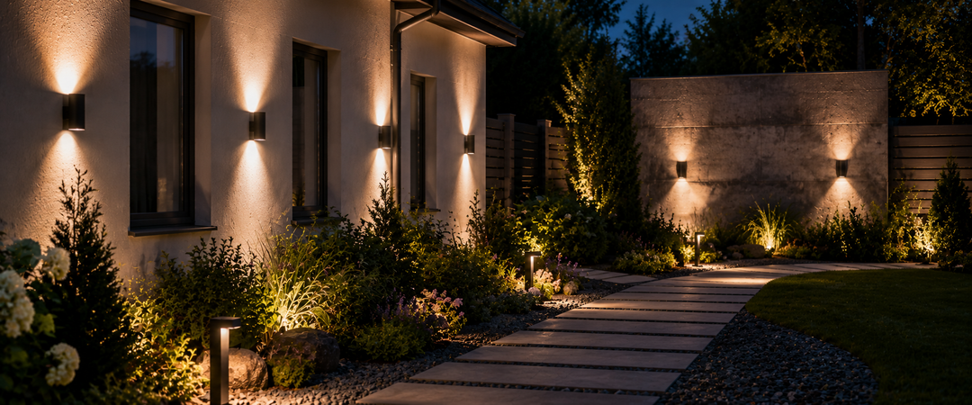 Hardwired outdoor wall and bollard lights illuminating a modern residential walkway and garden at dusk