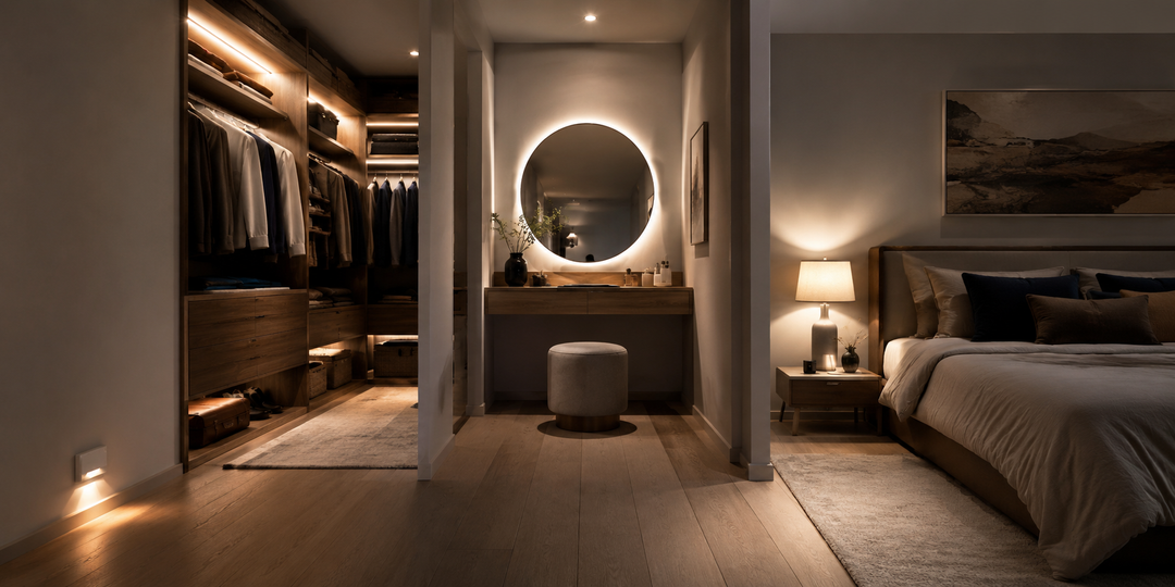 Escena interior moderna y cálida con luz de armario, espejo de tocador iluminado y luz de mesilla