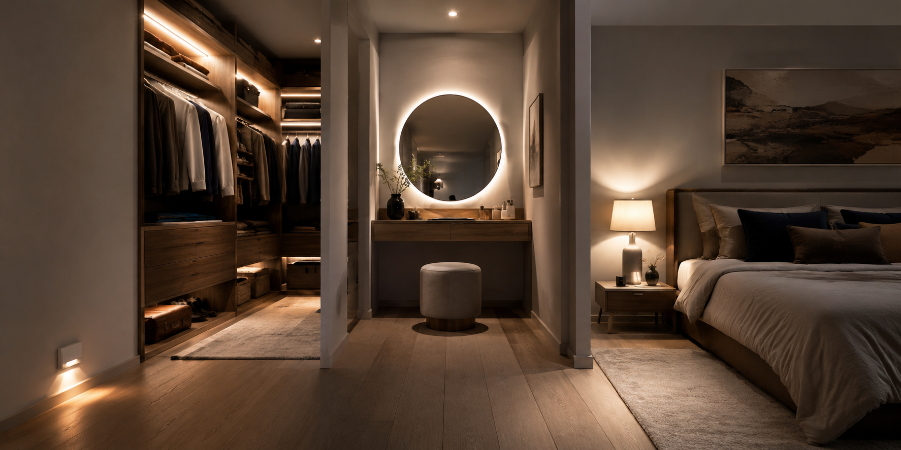 Escena interior moderna y cálida con luz de armario, espejo de tocador iluminado y luz de mesilla