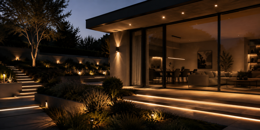 Casa moderna al anochecer con iluminación LED cálida en interior y exterior