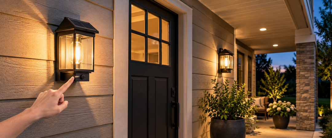 Manual on-off outdoor wall light being switched on by hand at a home entrance at dusk
