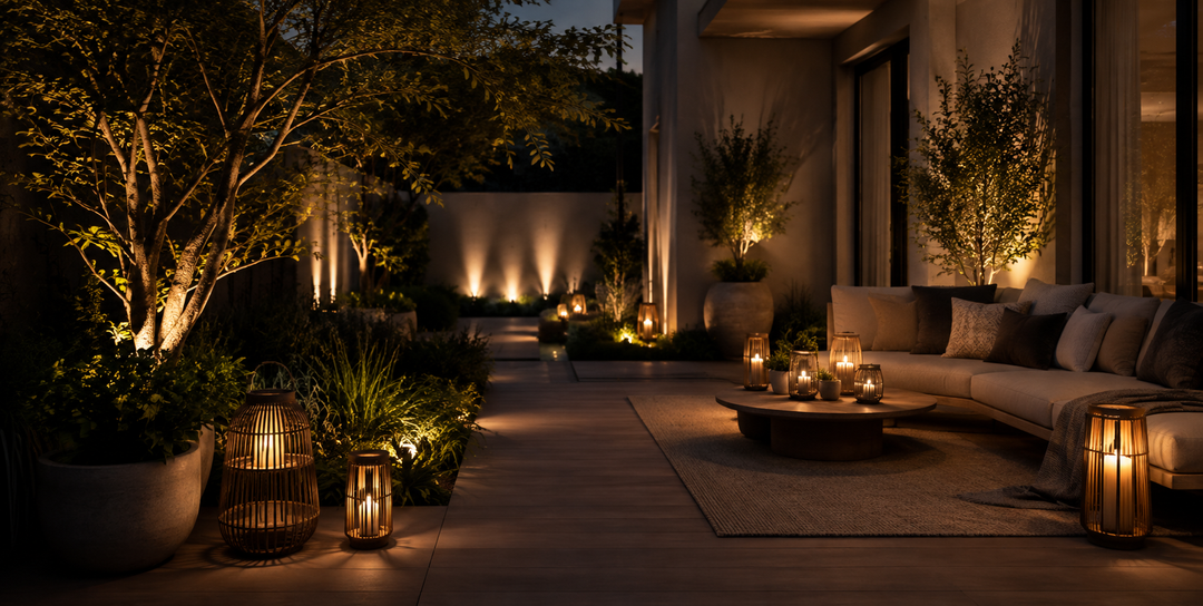 Cozy decorative lighting scene with lanterns and ambient patio garden lighting for the Decorative Lights collection