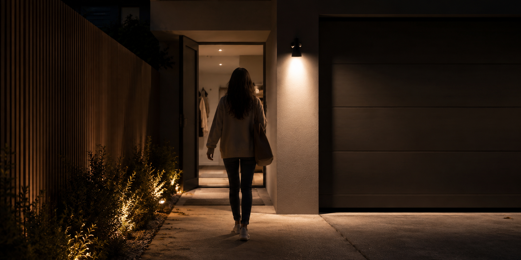 Evening home entry scene with motion-sensor style exterior lighting for the Motion Sensor Lights collection