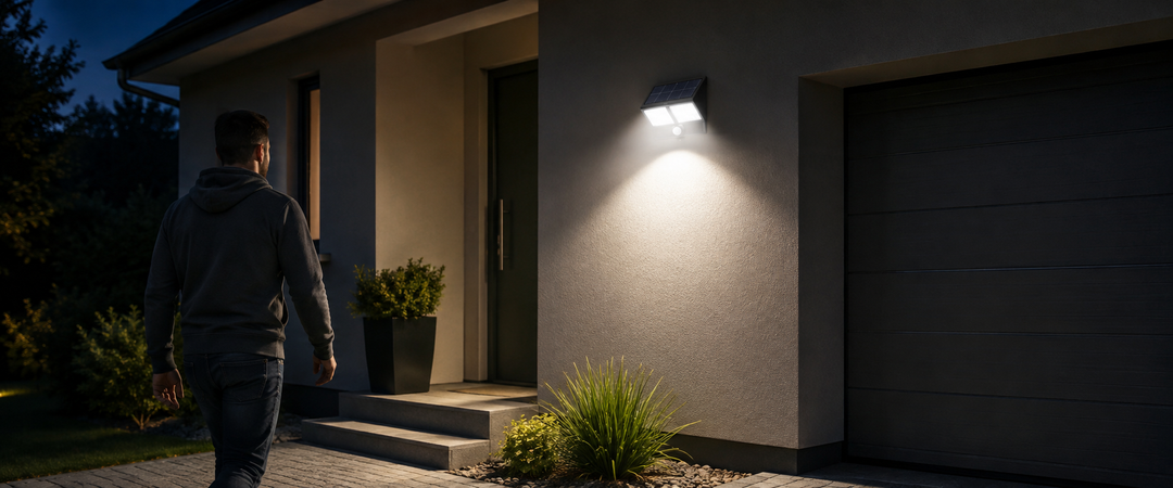 Motion sensor solar wall light turning on as a person approaches a modern home entrance beside a garage at night