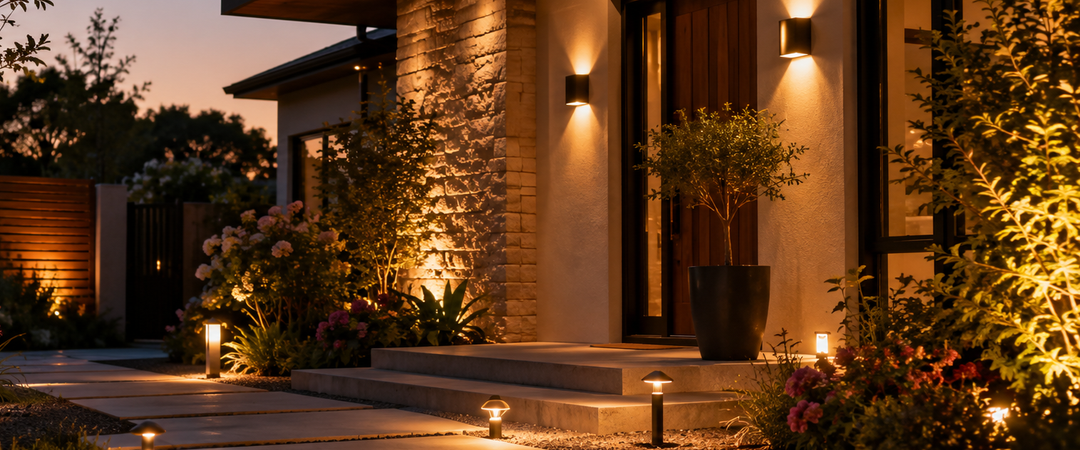 New outdoor lighting arrivals illuminating a modern home entrance, garden and pathway at dusk