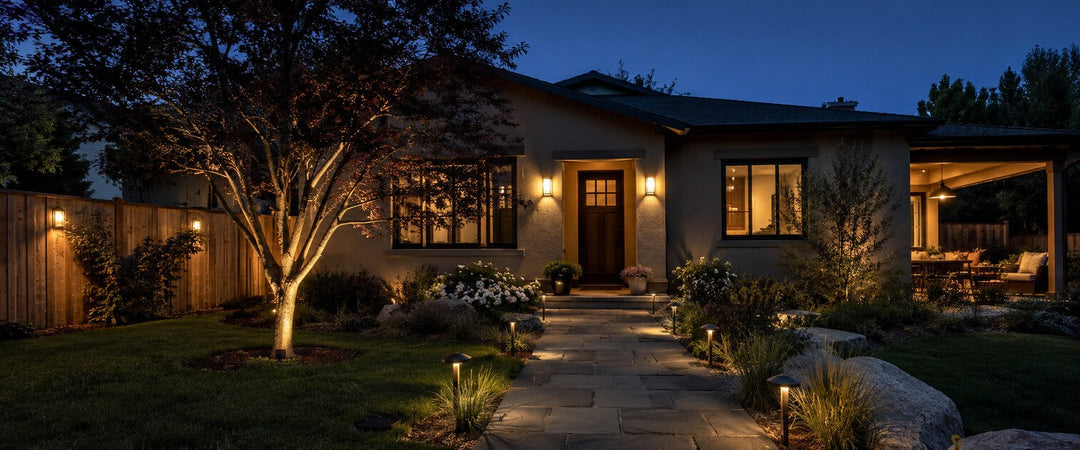 Modern American home at dusk illuminated by warm wall, pathway, fence and landscape lights