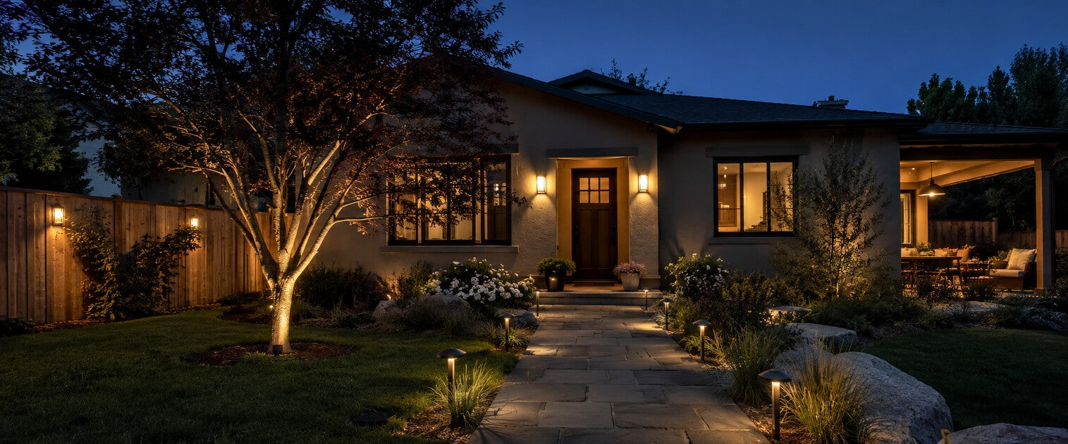 Modern American home at dusk illuminated by warm wall, pathway, fence and landscape lights