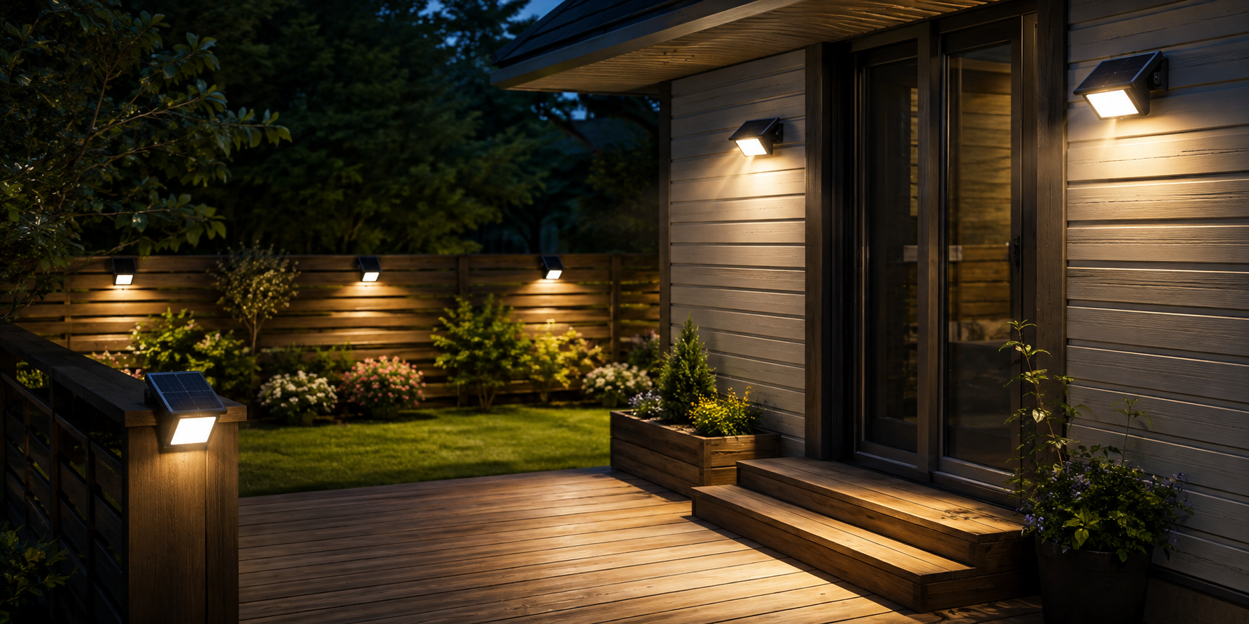 Luces solares con controles integrados iluminando una terraza y un jardín modernos al anochecer
