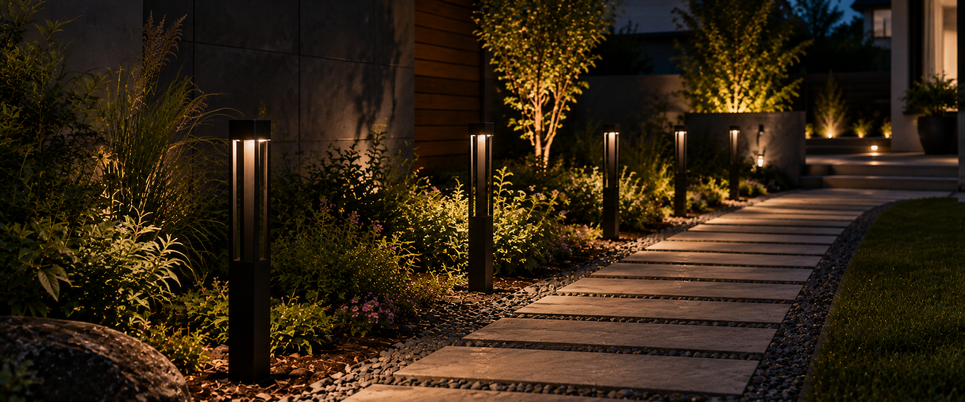Outdoor bollard lights illuminating a modern residential garden walkway at dusk