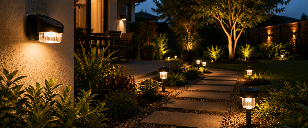 Low-lumen outdoor lights providing soft pathway and wall lighting in a residential garden at dusk