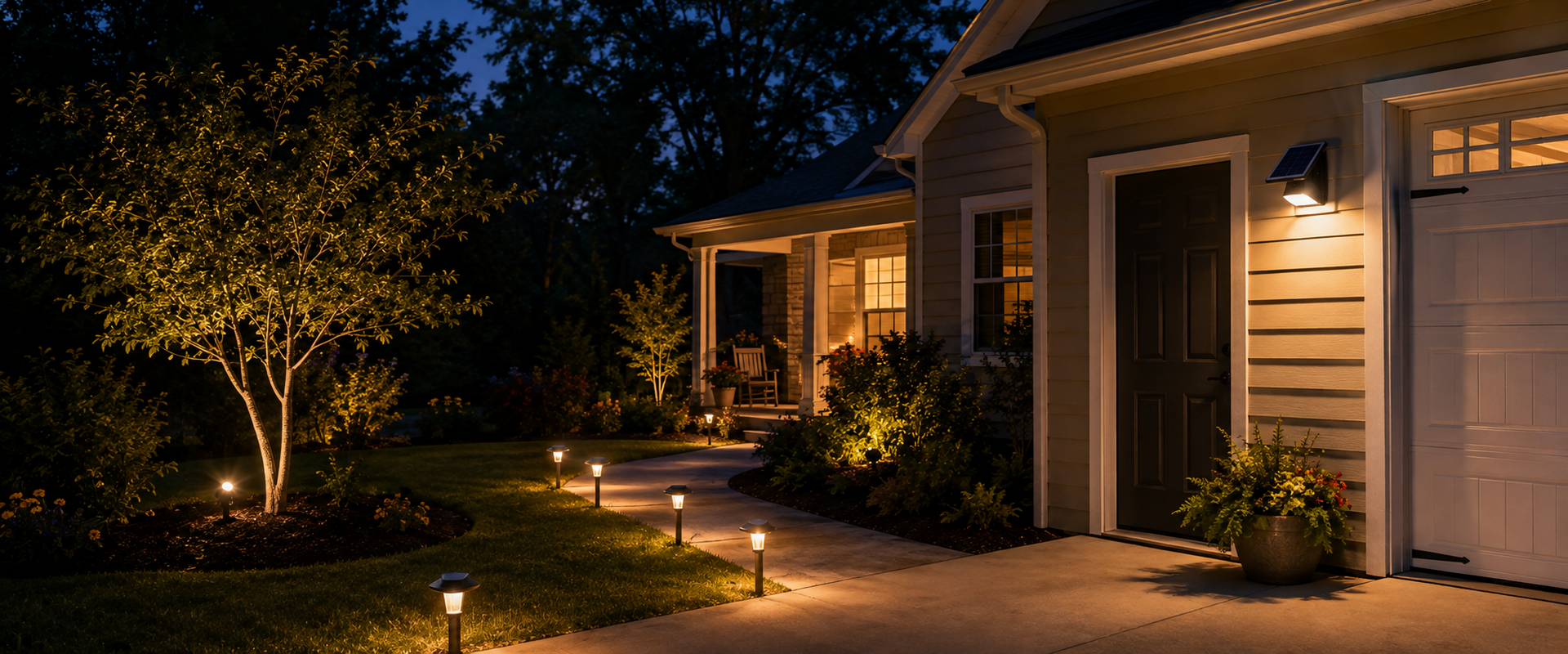 Luces exteriores sin cableado con iluminación solar de pared, camino y paisaje alrededor de un garaje, sendero y jardín delantero al anochecer