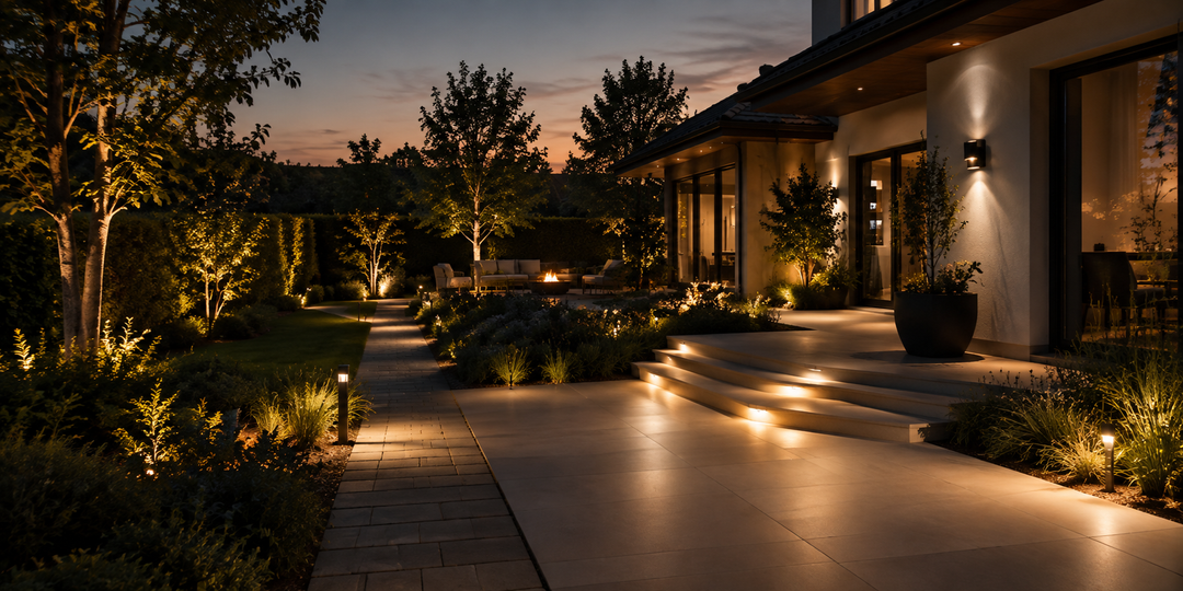 Modern outdoor lighting scene with illuminated patio, pathway lights and landscaped yard for the Outdoor Lights collection