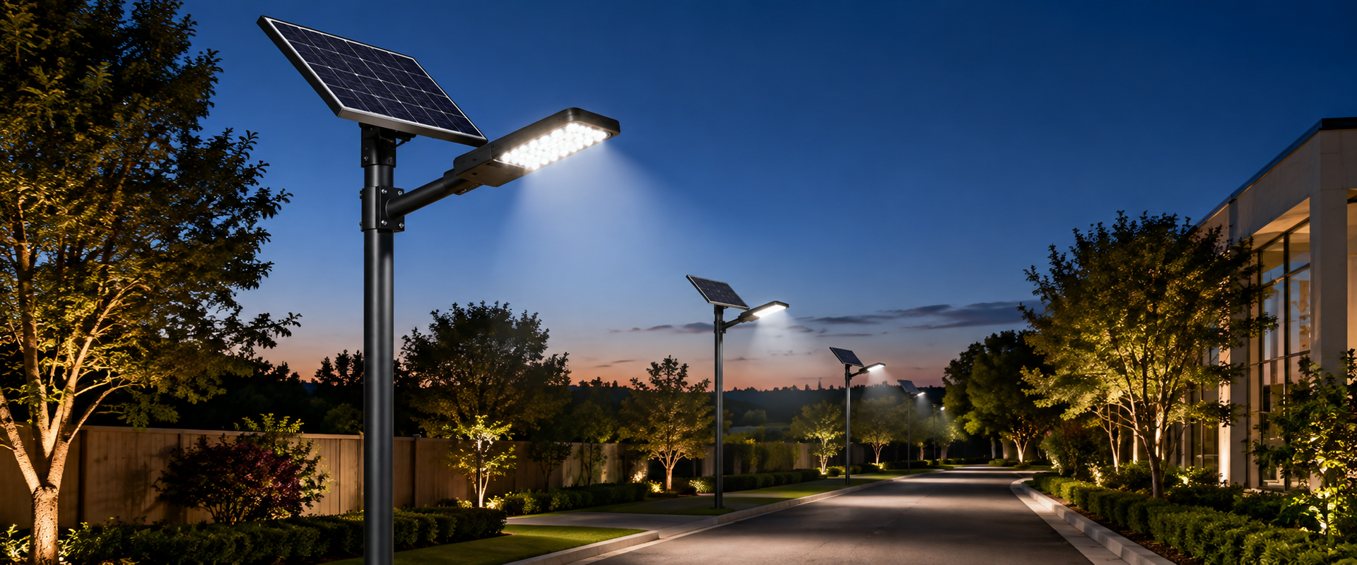 Pole-mounted solar lights illuminating a driveway and landscaped outdoor area at dusk