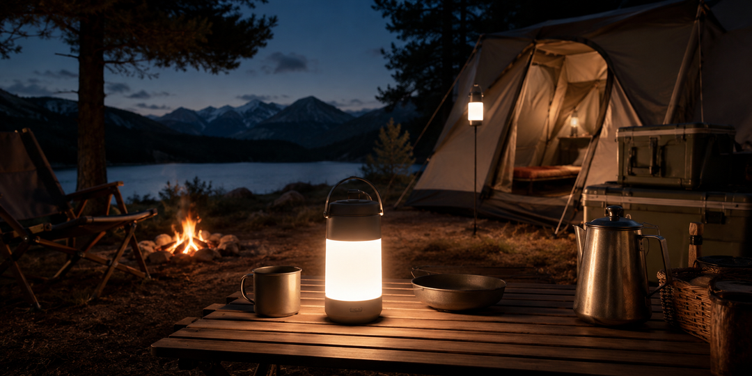 Lanterne de camping rechargeable éclairant un emplacement au bord d’un lac avec tente et table de camping