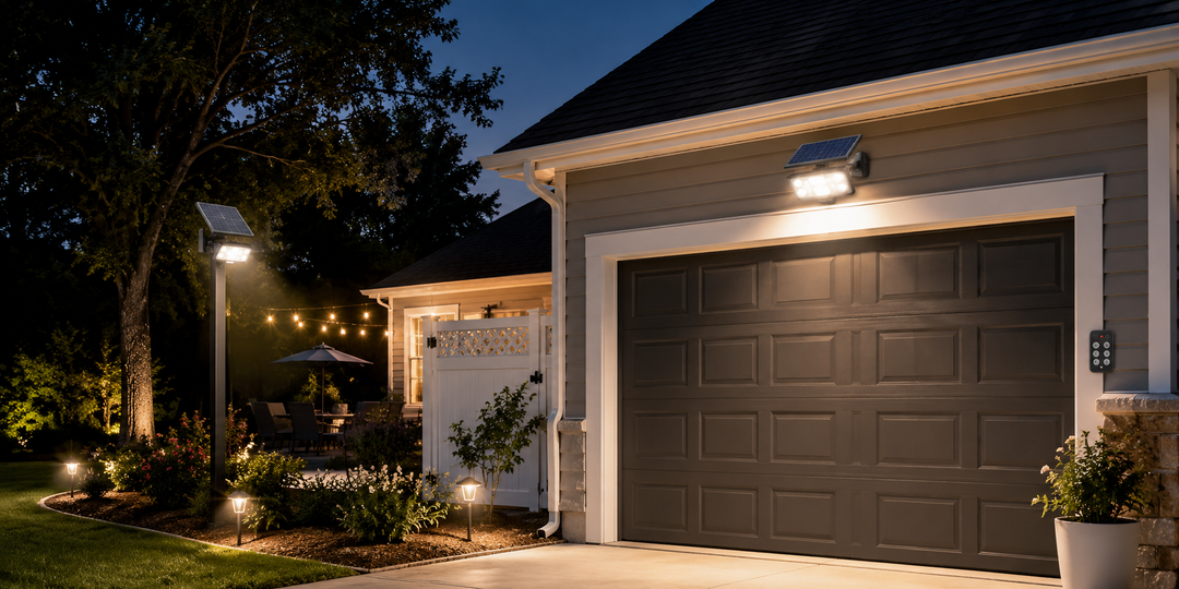 Solar-Außenflutlichter mit Fernbedienung beleuchten bei Dämmerung eine Vorstadtgarage und einen Garten