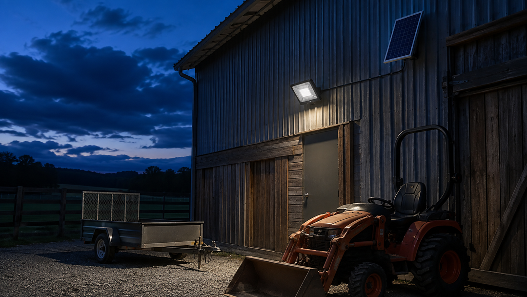 Separate-panel solar floodlight illuminating a barn entrance and parked farm equipment