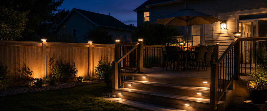 Luces solares iluminando postes de valla de madera, escalones de terraza y una zona de comedor exterior al anochecer