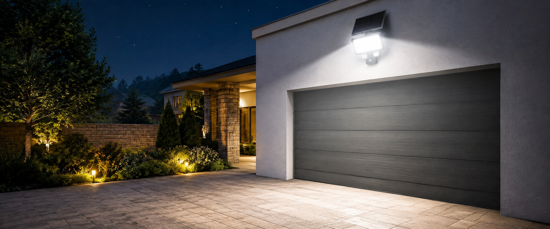 High-output solar wall light illuminating a residential garage and driveway with a 4,000 to 5,999 mAh battery system