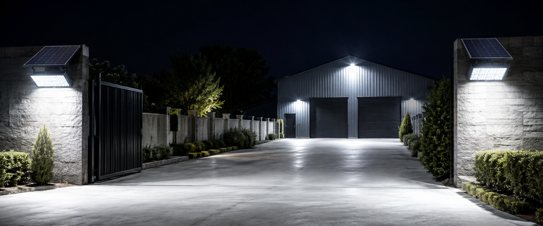 Luces solares de alta capacidad iluminando una entrada amplia y el acceso con portón de una propiedad por la noche