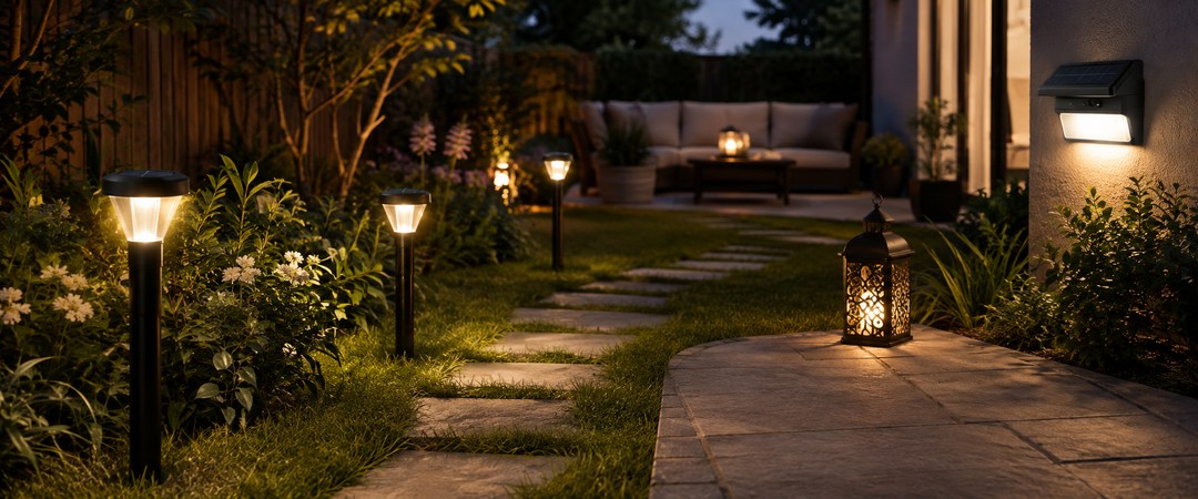Solar pathway, wall and decorative lights illuminating a residential garden and patio with 800 to 1,999 mAh battery systems