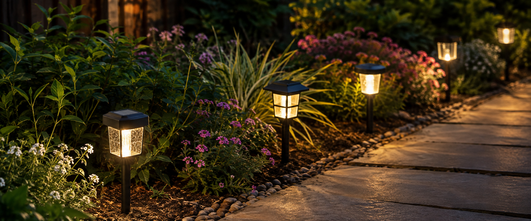 Lampes solaires compactes de jardin et d’allée avec petits panneaux intégrés éclairant des massifs et les bords d’un chemin au crépuscule