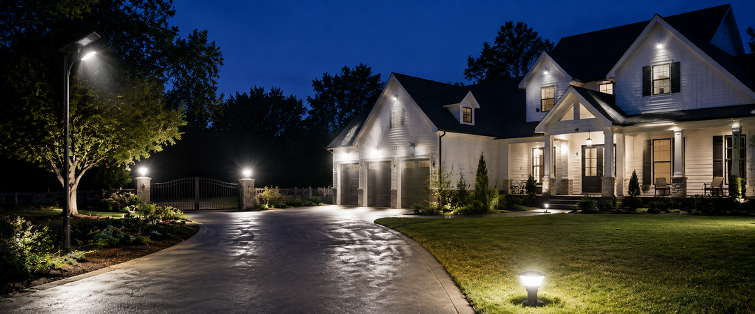 Lampes solaires haute puissance éclairant la nuit une grande entrée résidentielle, le jardin, le garage et une entrée avec portail