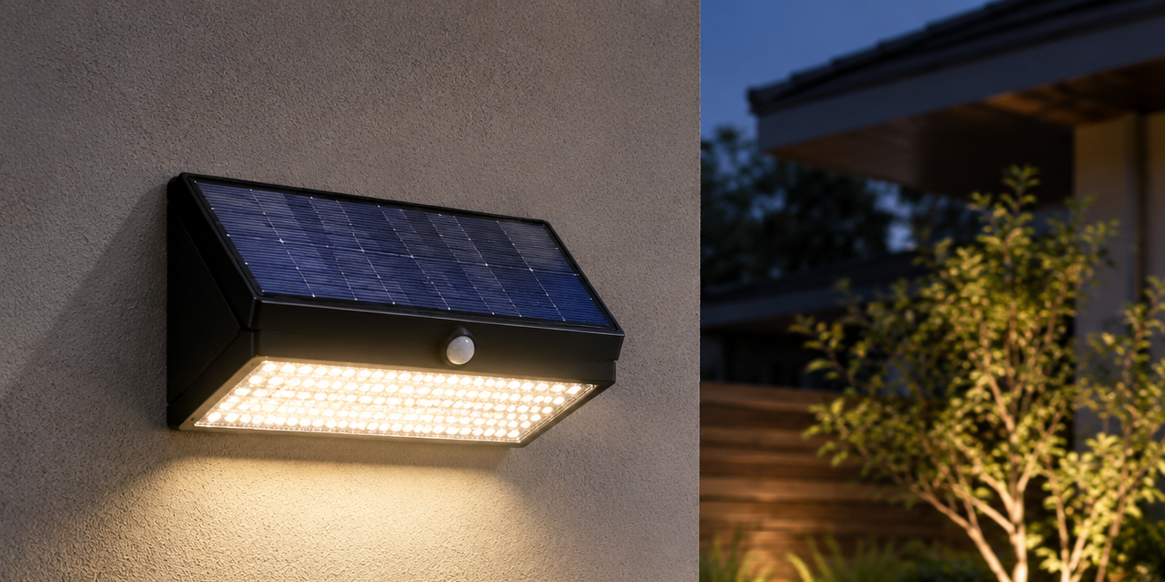 Integrated solar panel wall light mounted on a modern home exterior at dusk