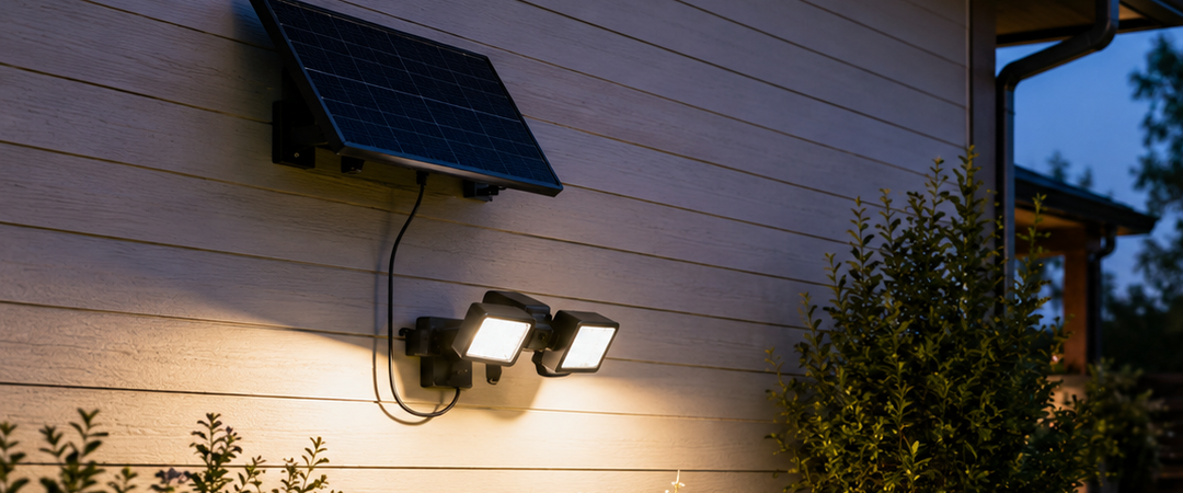 Luz solar de diseño separado con un panel solar independiente montado en la pared y conectado a un proyector LED exterior