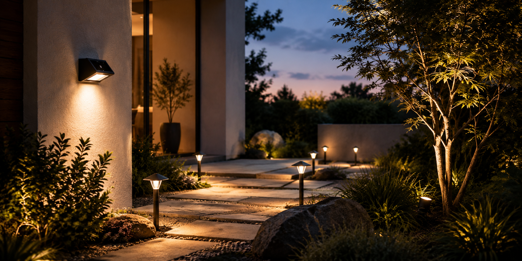 Escena de iluminación solar residencial con luces de camino, luz de pared e iluminación paisajística