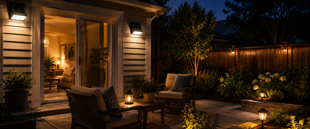 Luces solares para porche y patio iluminando al anochecer una zona de asiento del jardín con luces solares de pared, acentos de jardín y un farol exterior