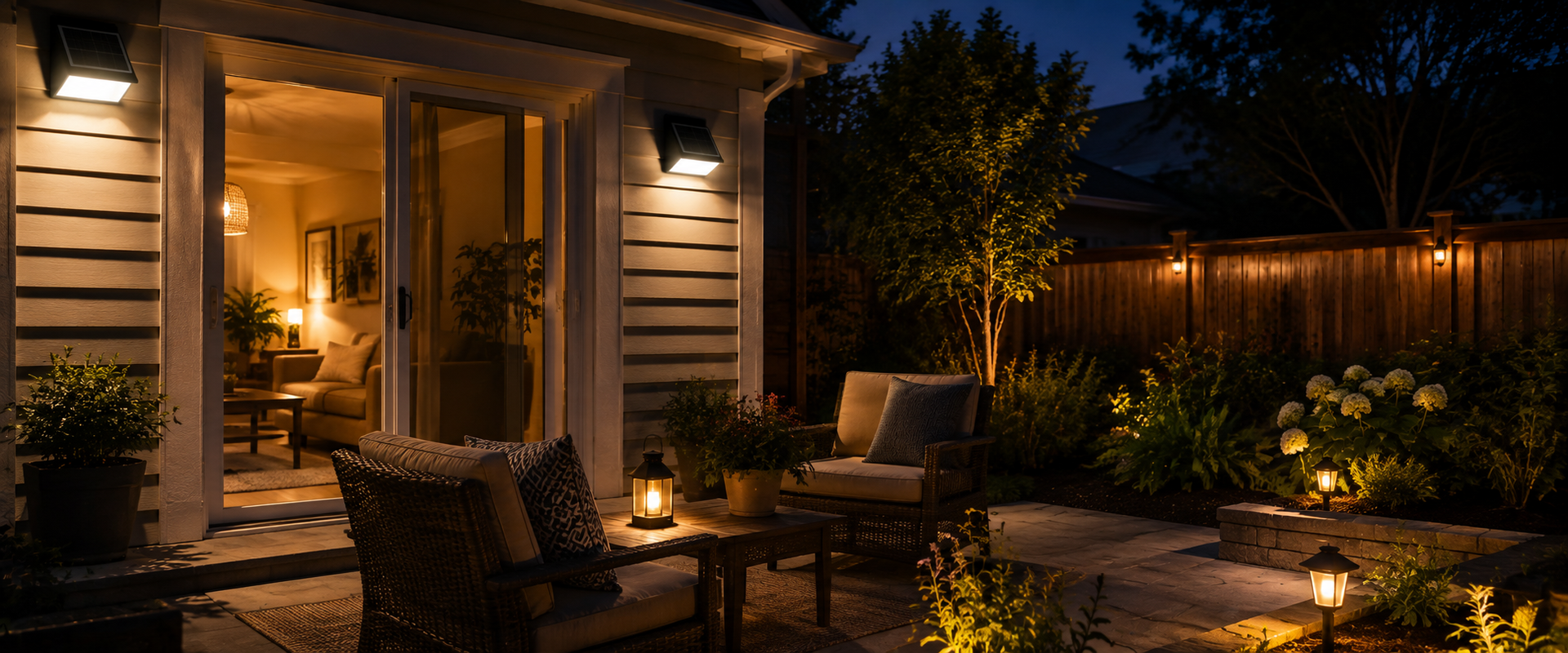 Luces solares para porche y patio iluminando al anochecer una zona de asiento del jardín con luces solares de pared, acentos de jardín y un farol exterior