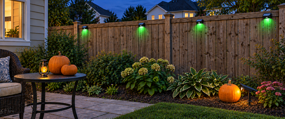 Small solar fence lights and a vintage lantern in a Halloween yard, with a ground-staked spotlight aimed at the pumpkin beside it