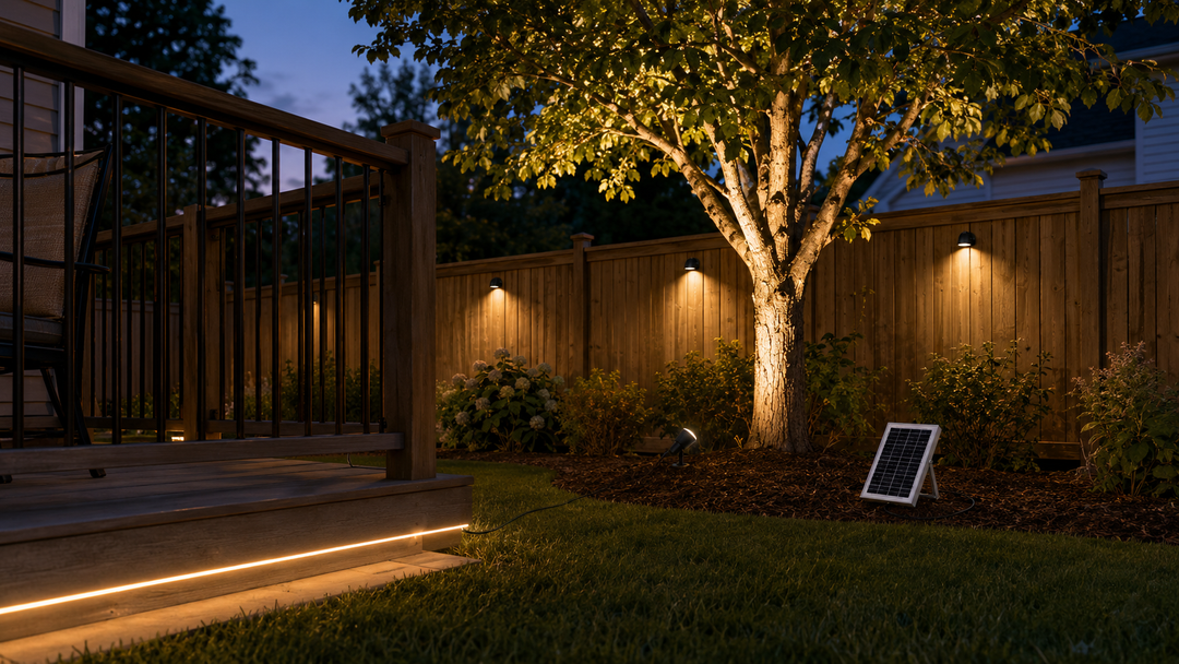 Warm white solar tree, fence, and rope lights coordinating focal, perimeter, and patio-edge lighting