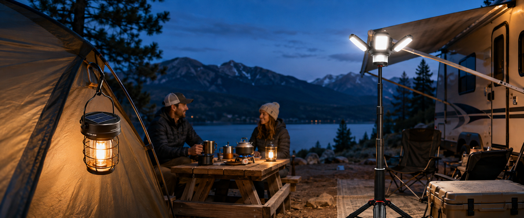 Solar and USB rechargeable camping lanterns lighting an American RV campsite at dusk