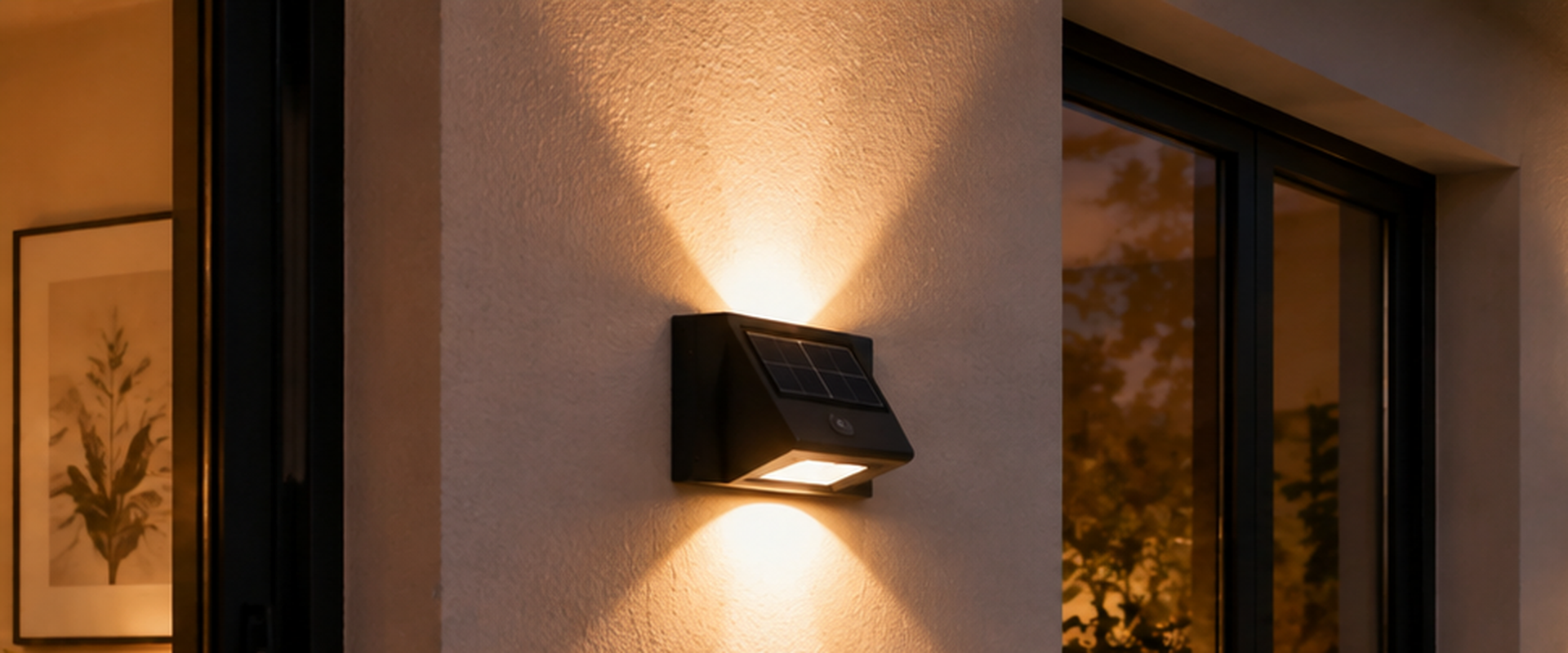 Luces solares de pared iluminando una entrada residencial y una pared de garaje al anochecer