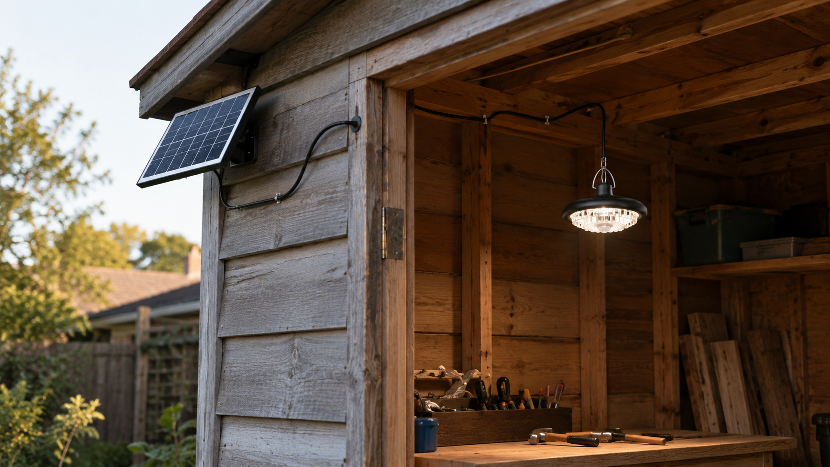 Split solar pendant light inside a shed with its separate panel mounted outside