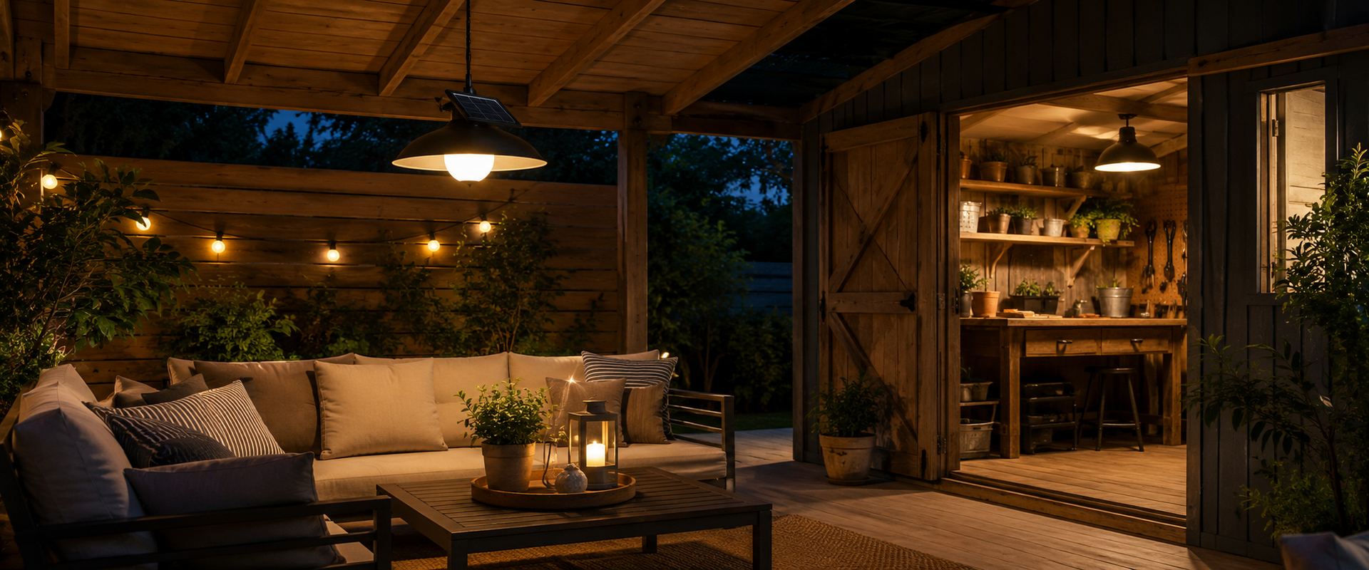 Luces solares colgantes y de patio con temporizador iluminando una zona de estar cubierta y un taller de jardín por la noche