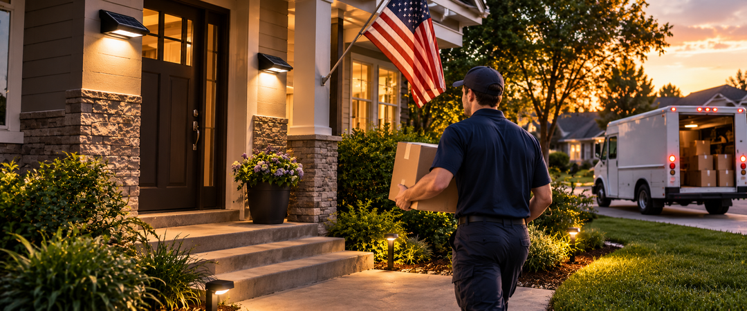 Entrega directa en Estados Unidos de productos de iluminación exterior a una vivienda suburbana al anochecer