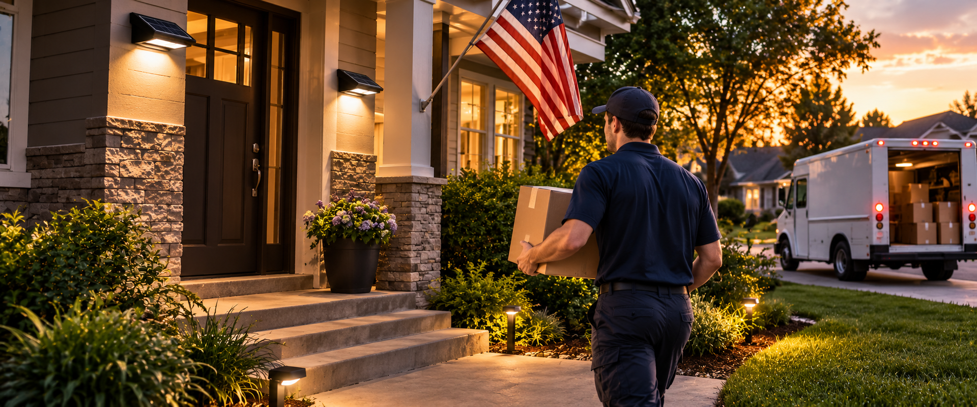 Entrega directa en Estados Unidos de productos de iluminación exterior a una vivienda suburbana al anochecer
