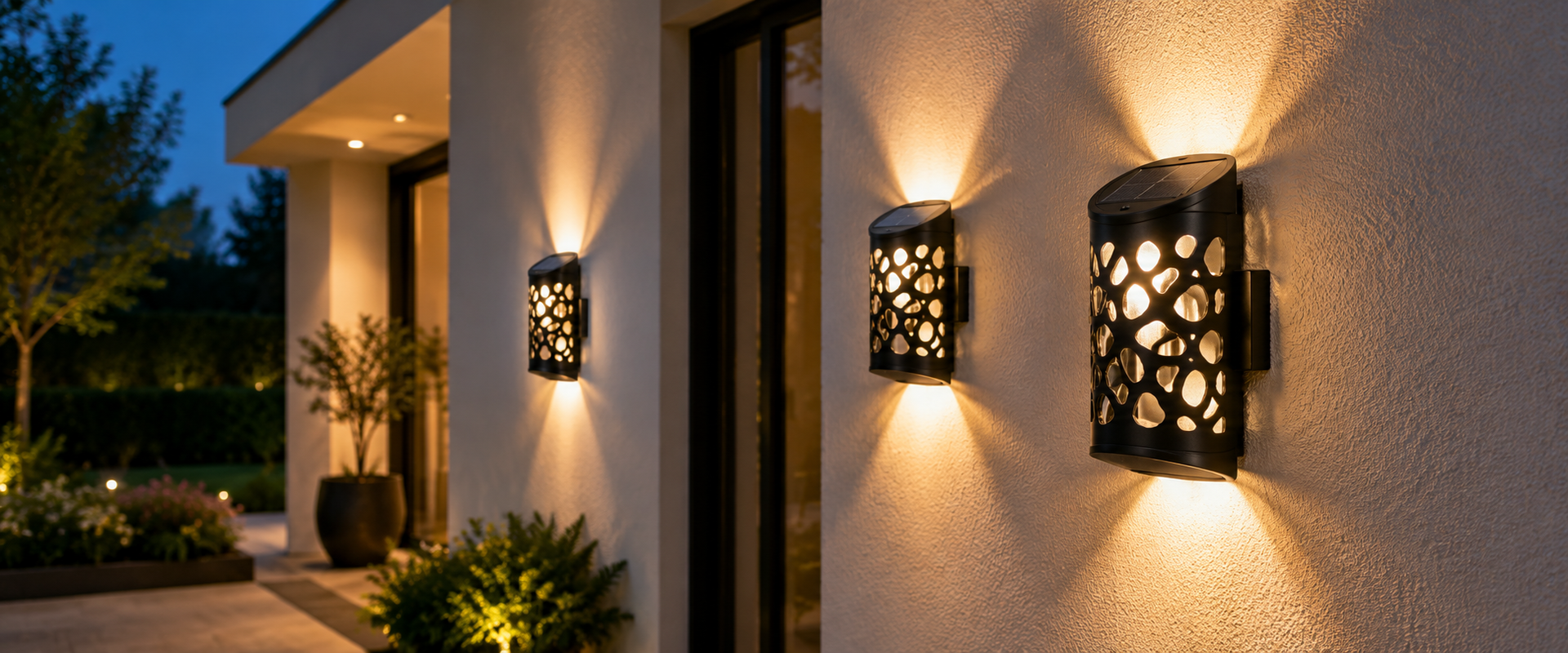 Luces decorativas de pared creando patrones luminosos sobre una fachada moderna al anochecer