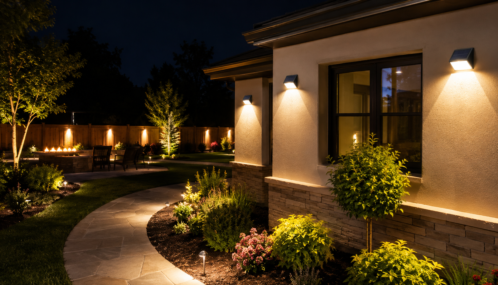 Luces solares decorativas de pared iluminando el exterior de una casa moderna y el jardín trasero por la noche