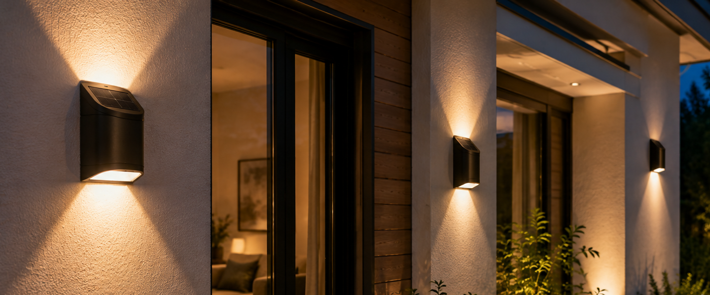 Luces exteriores de pared iluminando la fachada y el patio de una casa moderna al anochecer