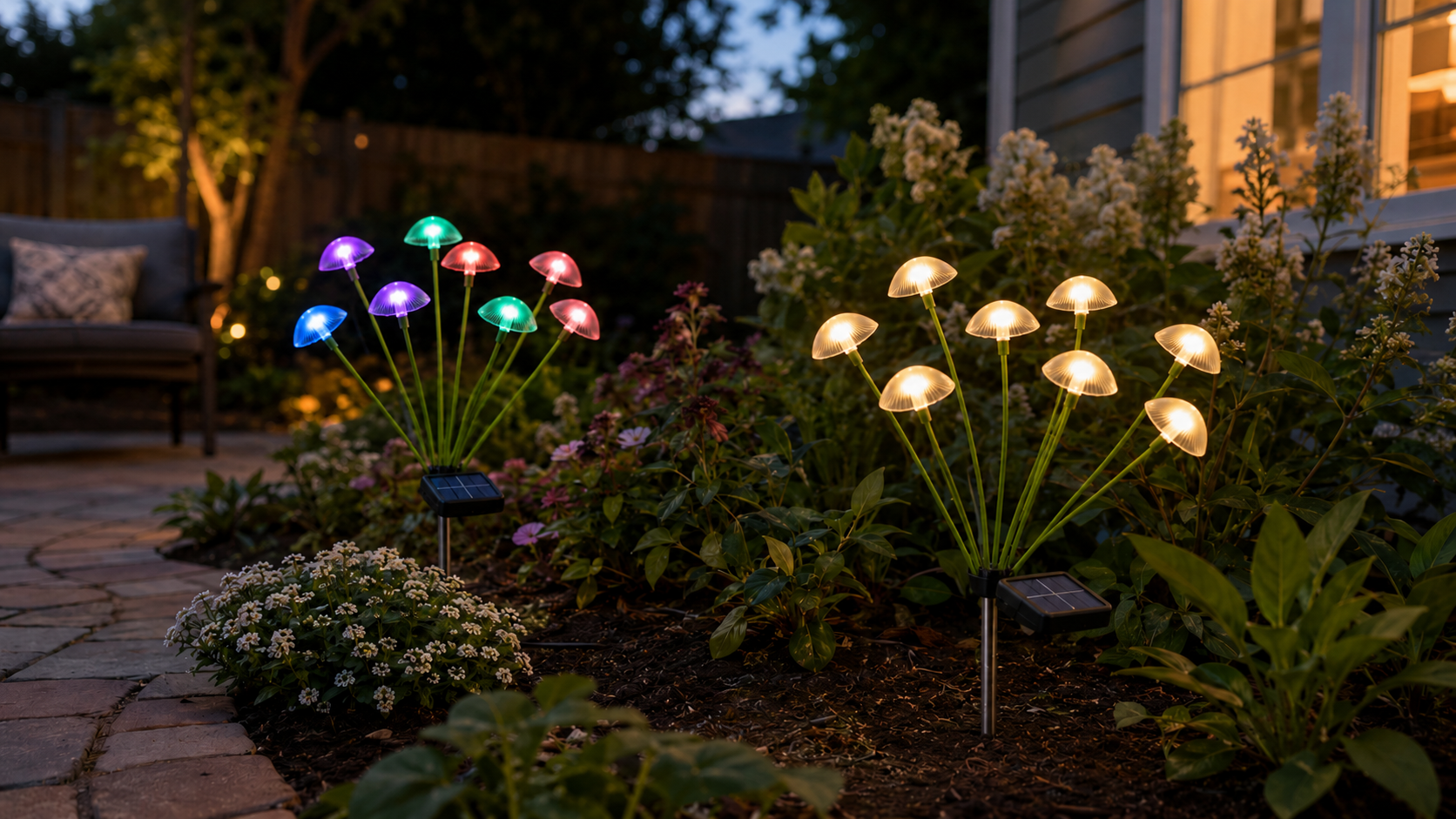 RGB color-changing and warm white solar mushroom lights displayed in separate garden clusters at dusk