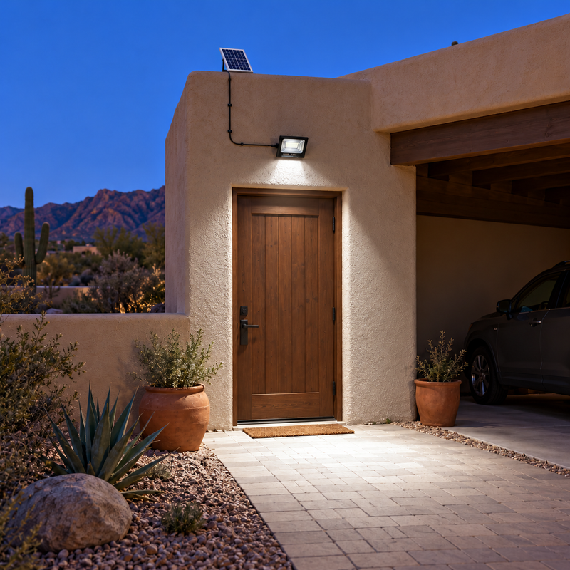 Compact 300-LED solar floodlight above an Arizona adobe courtyard entrance with a separate exposed solar panel and illuminated paving.