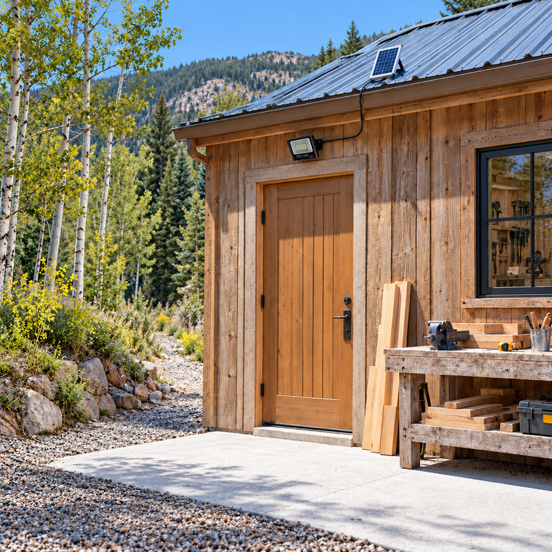 Unlit 300 LED solar floodlight and separate roof panel at a Colorado wooden workshop in midday sunlight, with original photographed product face.