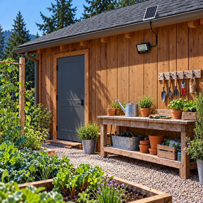 Unlit 300 LED solar floodlight above an Oregon garden potting area in afternoon daylight, with correctly scaled 23.5 by 35 cm separate solar panel secured on roof brackets.