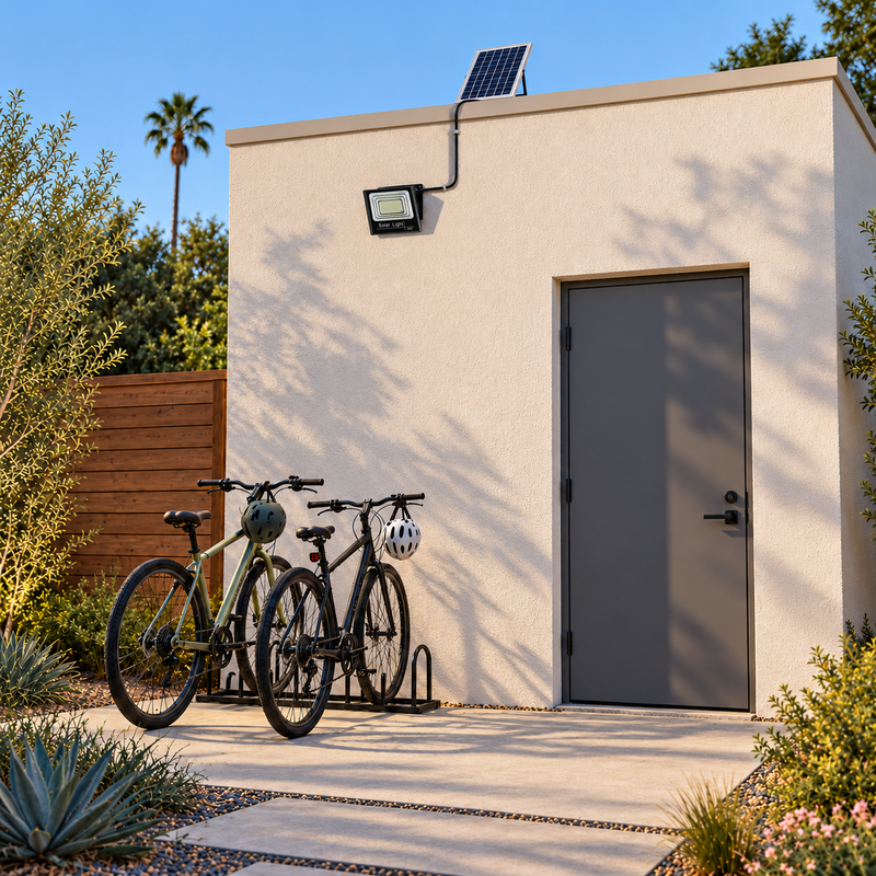 Unlit 300 LED solar floodlight and separate roof panel above California backyard bicycle storage in bright late-afternoon daylight, with original photographed product face.