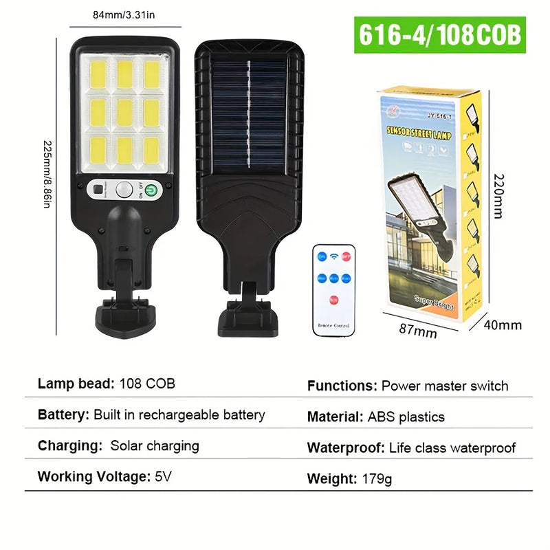 Solar sensor street light installation graphic showing wall mounting for exterior security and pathway illumination